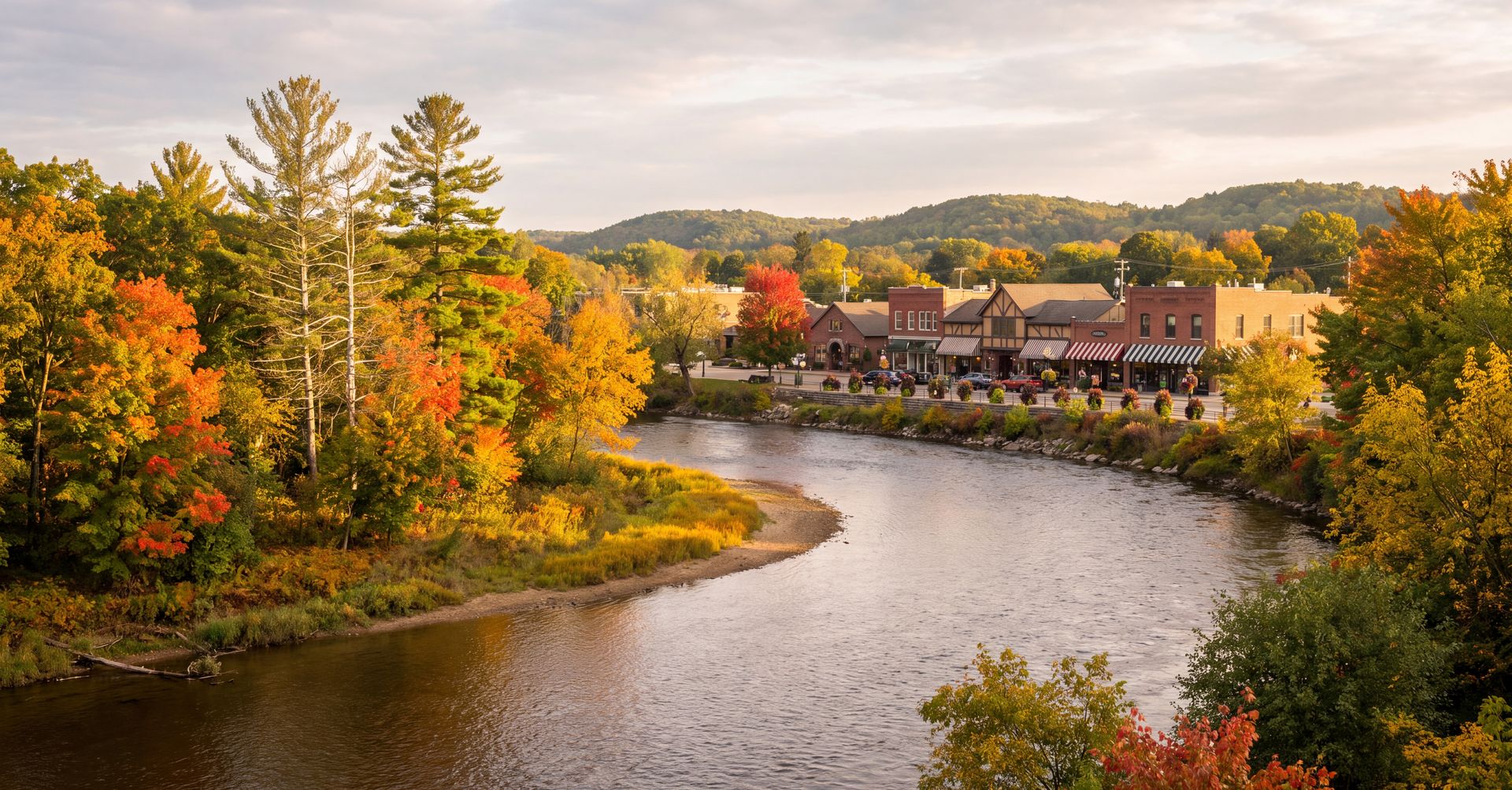 Bend of the Thornapple River lined with maples and white pines in autumn color, with brick and timber village storefronts behind, in Forest Hills, Michigan