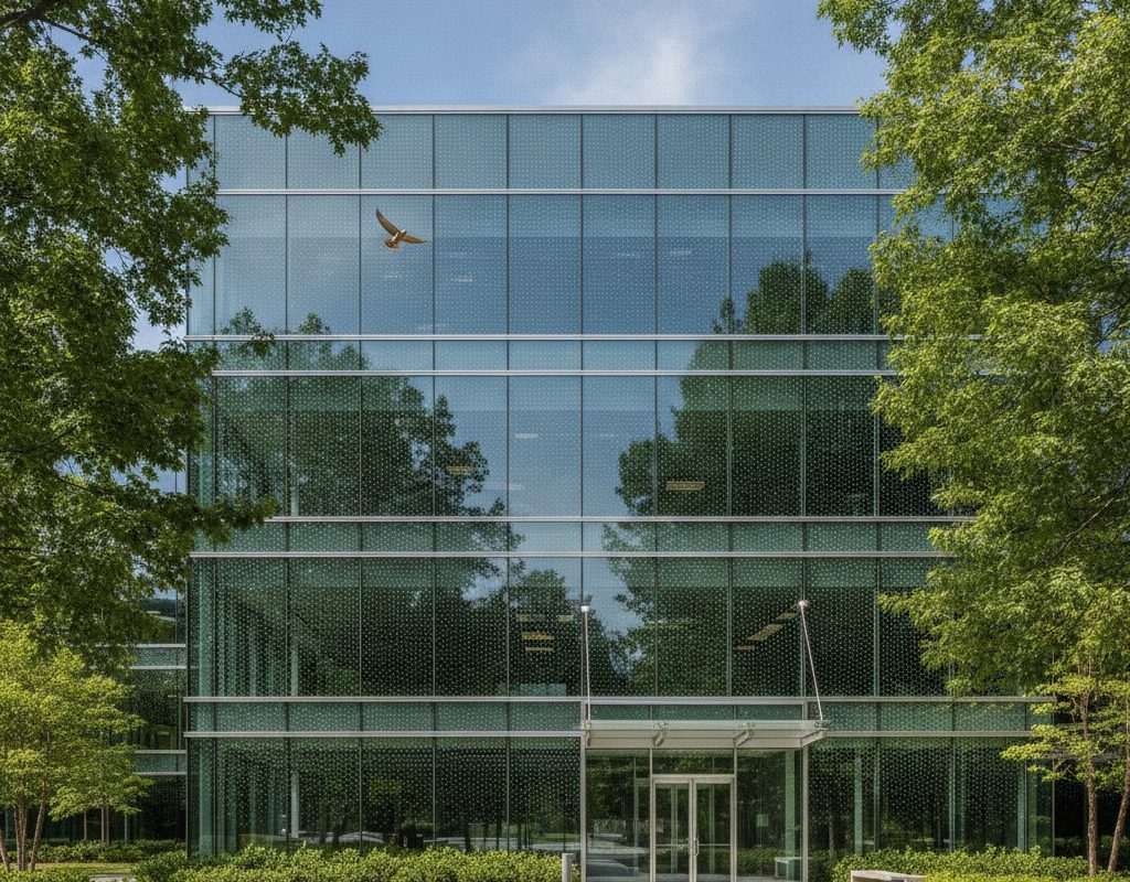 Feather Friendly® visual markers on tall windows facing a wooded river lot at a home in Forest Hills, Michigan, installed by American Window Film