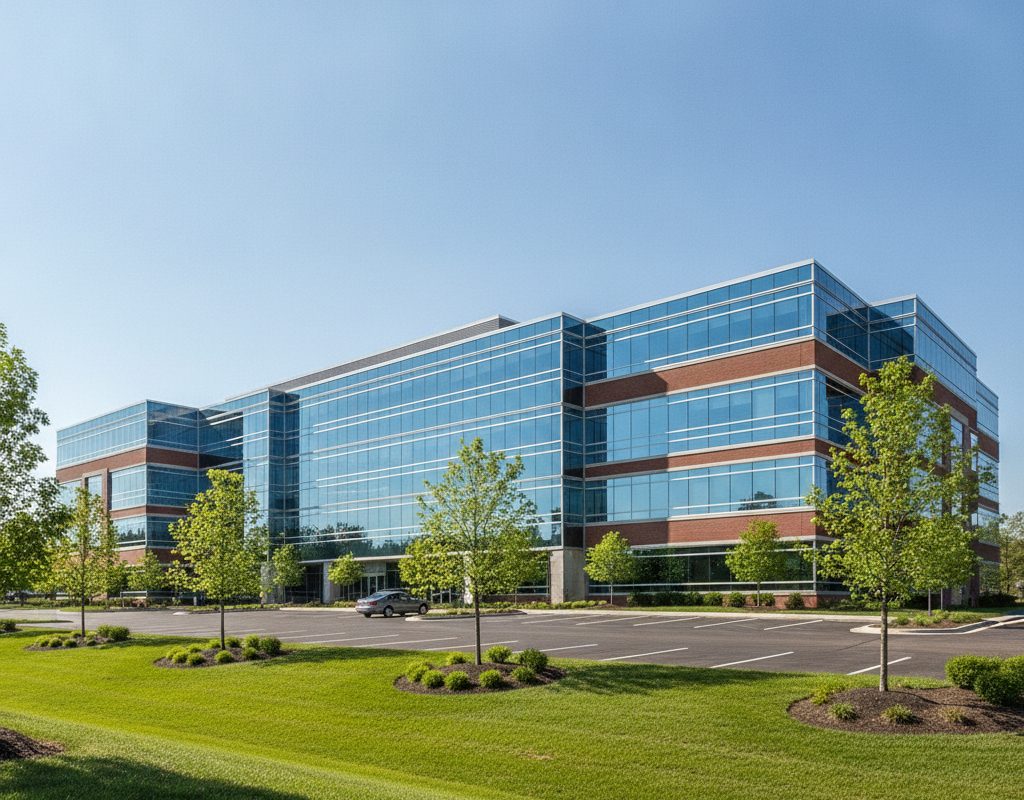 Commercial window film on a low brick and glass office building along the Cascade Road corridor in Forest Hills, Michigan
