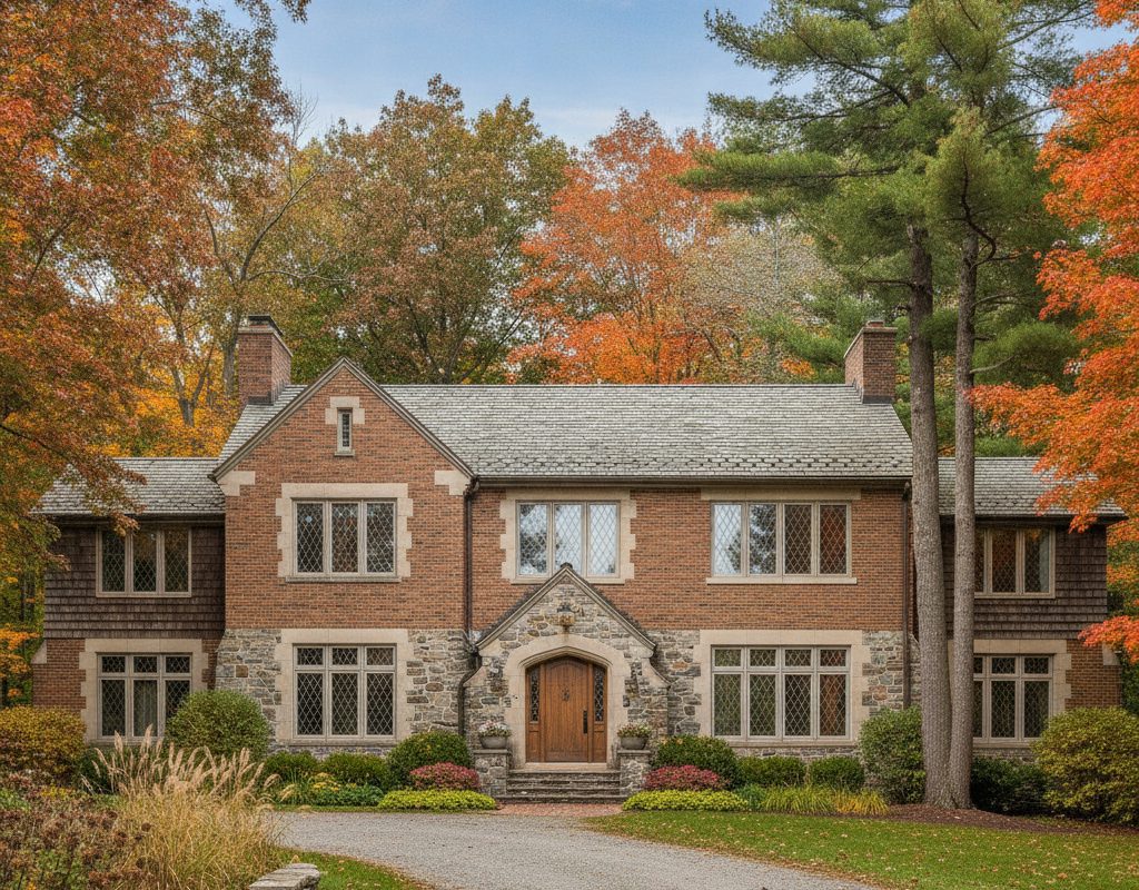 Low-reflectance window film on multi-pane windows of an established brick colonial on a wooded lot in Forest Hills, Michigan