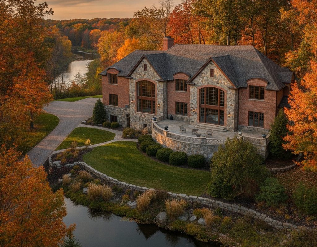 Neutral 3M window film on tall south- and west-facing divided-light windows of a brick and stone home on a wooded lot in Forest Hills, Michigan