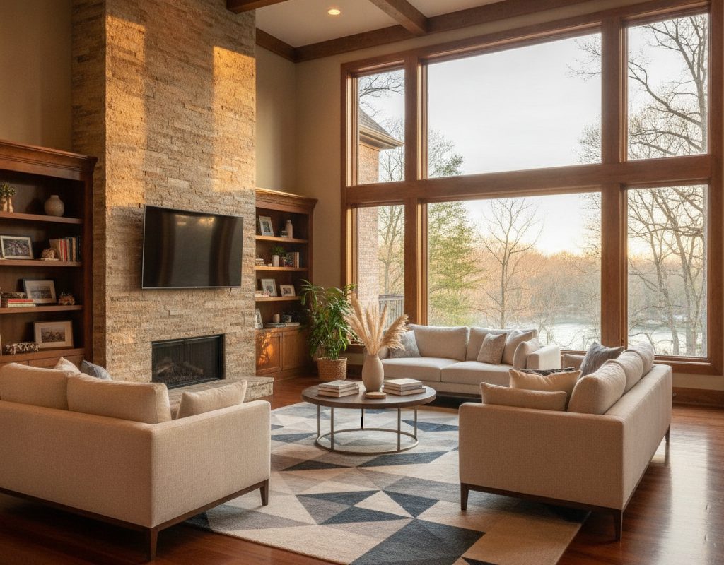 3M solar control window film easing late-afternoon sun on west-facing windows of a wooded-lot home in Forest Hills, Michigan