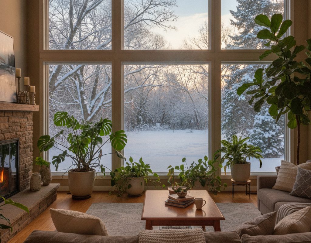 Low-e window film on large living room windows of a wooded Forest Hills, Michigan home with a snowy yard and bare maples outside