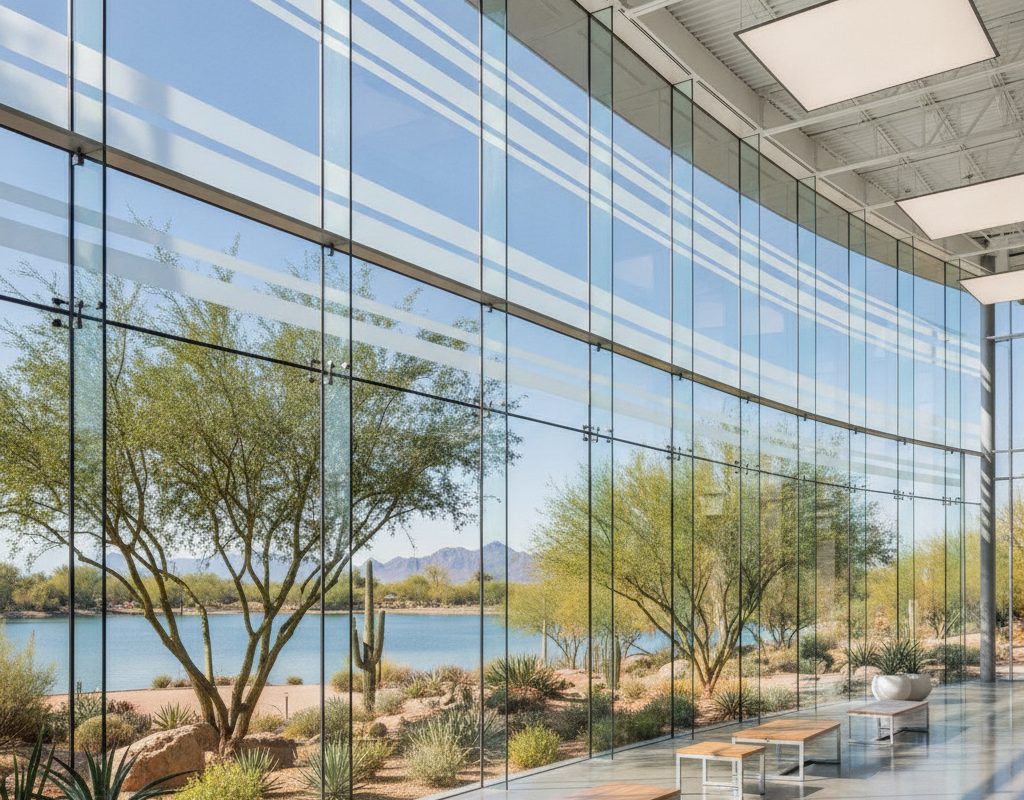 Marina Heights, Building D, Tempe, AZ: Custom printed graphics + 3M Dusted Crystal on 124 panes, installed by American Window Film