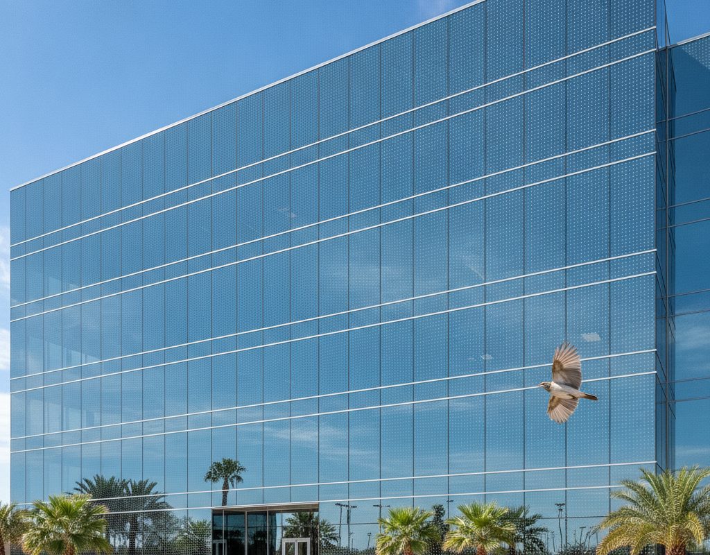 Feather Friendly® visual markers on a glass office facade in Tempe, Arizona, installed by American Window Film