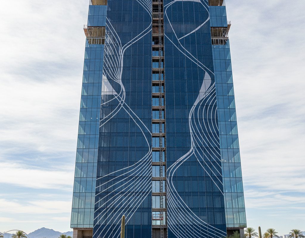 Printed wave-pattern wrap on the glass facade of an office tower under construction in Tempe, Arizona