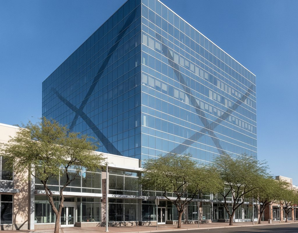 Commercial 3M window film on a glass mid-rise office building beside Tempe Town Lake in Tempe, Arizona