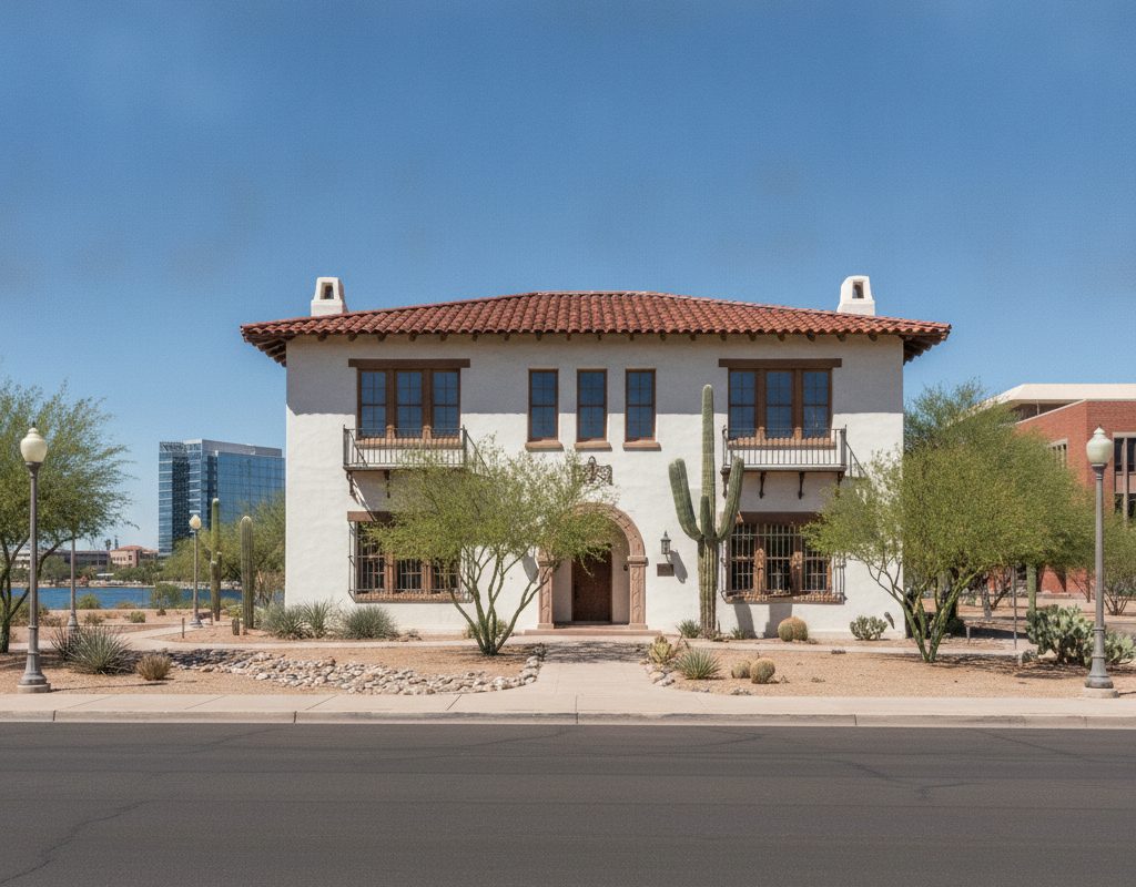 Low-reflectance window film on the front windows of an established stucco home in Tempe, Arizona