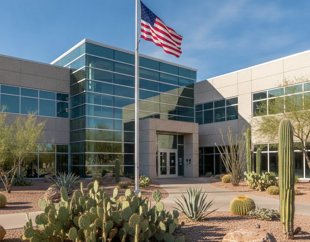 Sun-facing glass on a two-story office building with desert landscaping in Tempe, Arizona