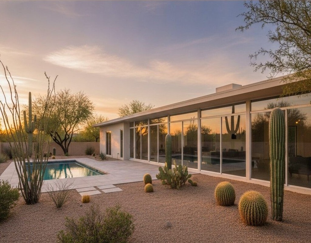 Neutral 3M window film on west-facing sliding glass doors of a single-story stucco ranch home with a pool deck in Tempe, Arizona