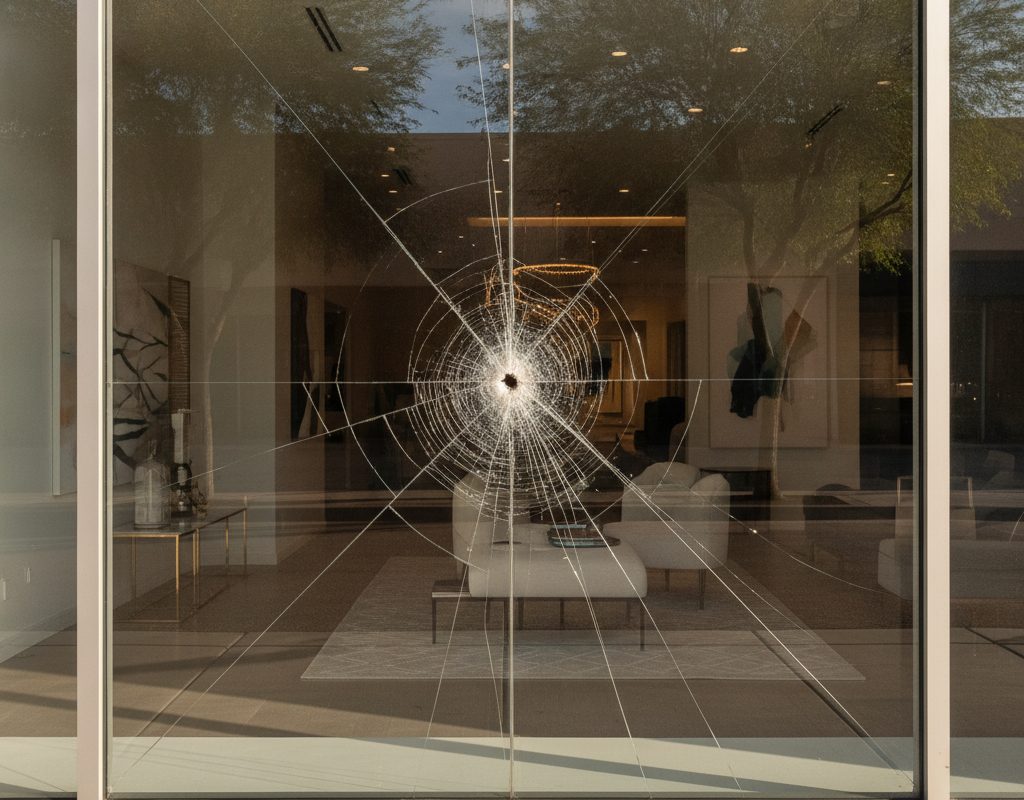 Clear 3M safety and security window film on glass entry doors and sidelights of a desert-modern building in Tempe, Arizona