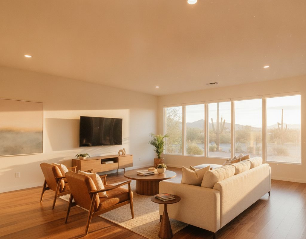 3M solar window film cutting late-day sun through west-facing windows of a desert home in Tempe, Arizona