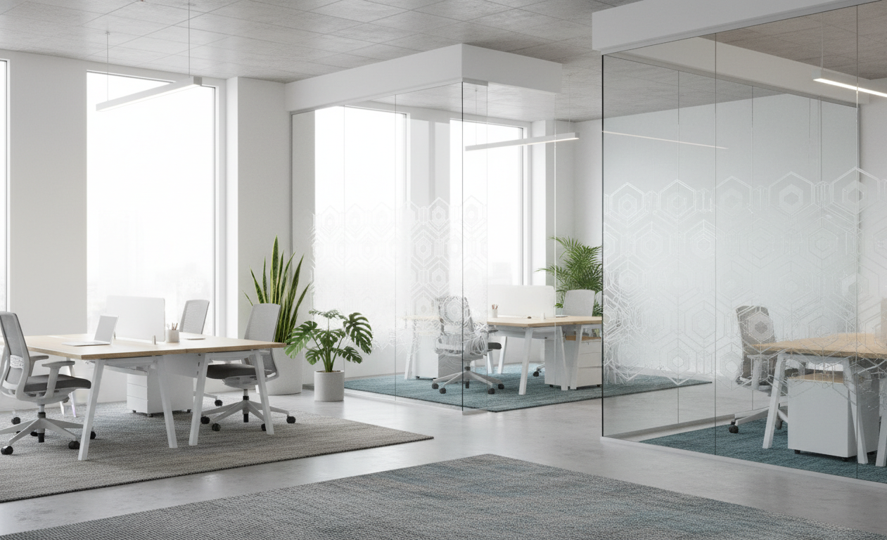 Office glass partitions using 3M Fasara decorative window films for privacy and modern style.