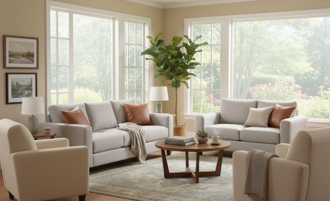 Home living room with 3M window film reducing glare and protecting furniture from UV rays.