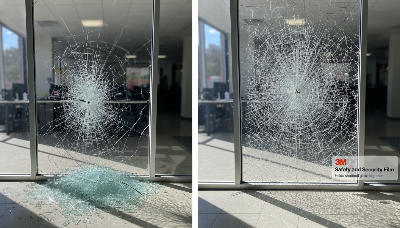 Comparison of untreated glass shattering versus 3M Safety and Security Window Film holding glass intact.