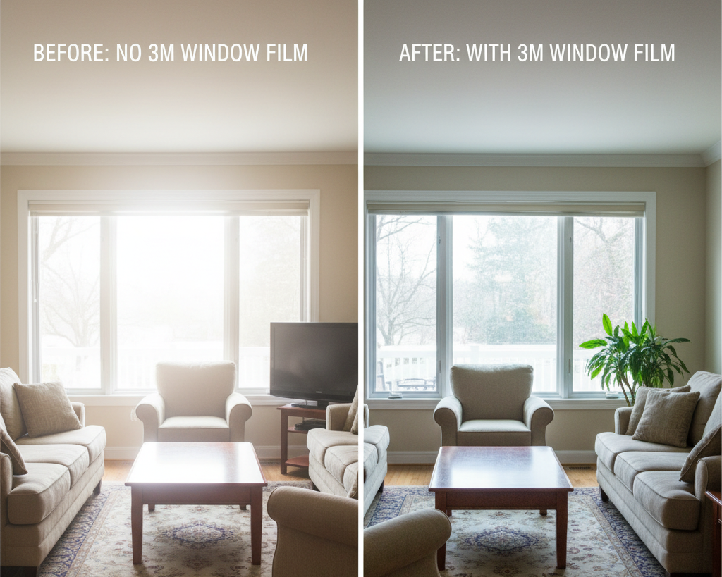 Before and after comparison of a home living room with and without 3M window film