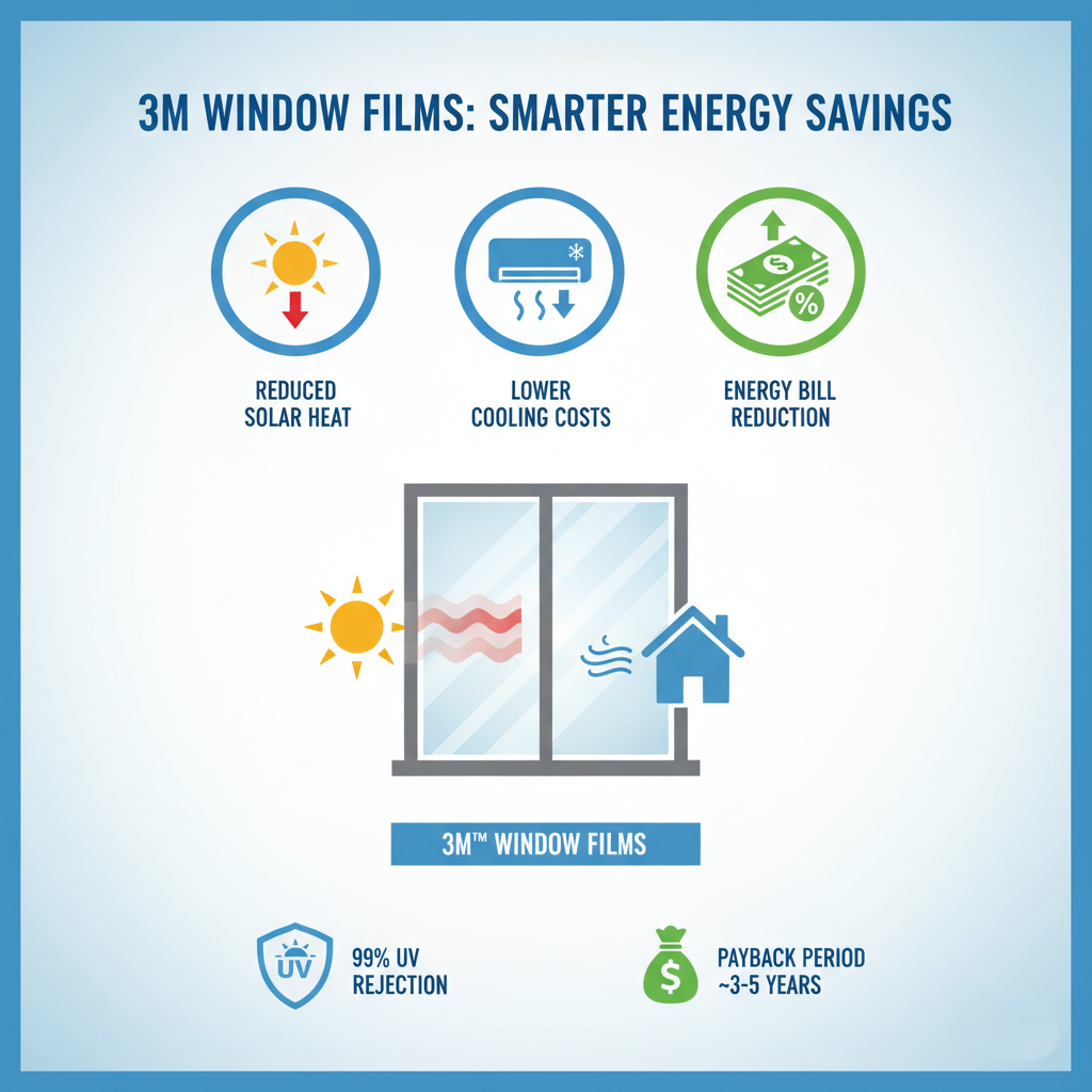 3M window film infographic showing cost savings, UV protection, and energy efficiency benefits