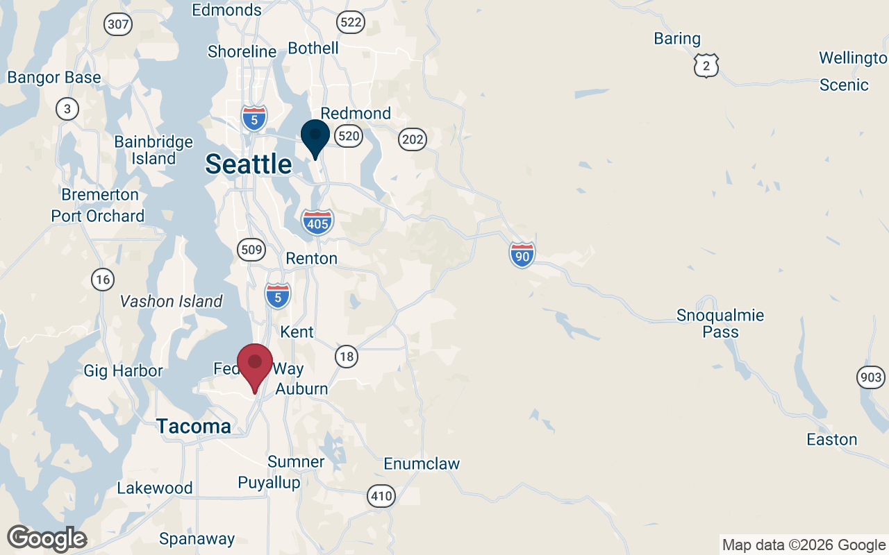 Map showing the American Window Film Federal Way office serving Bellevue, WA