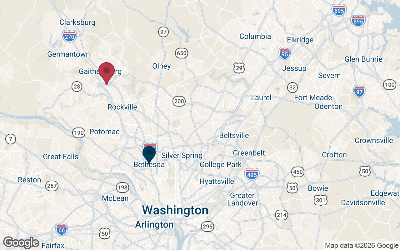 Map showing the American Window Film Gaithersburg office serving Bethesda, MD