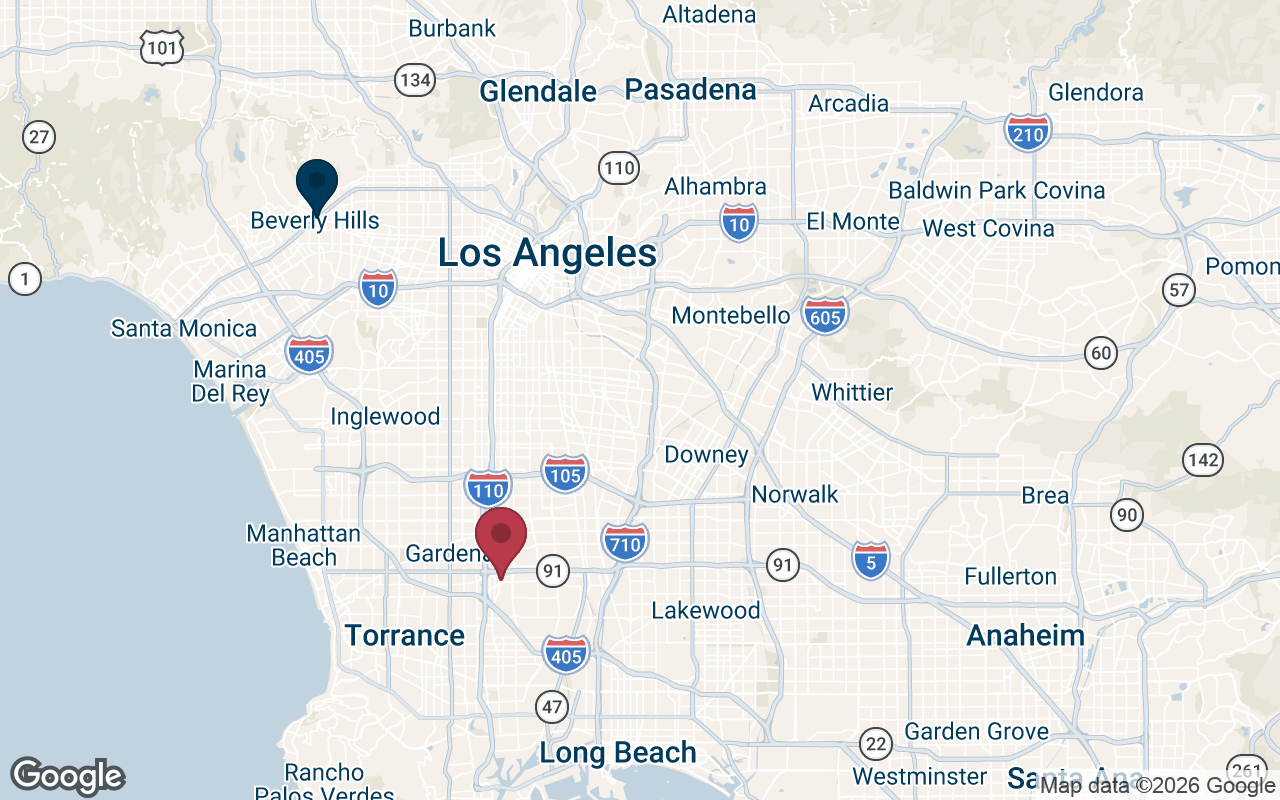Map showing the American Window Film Carson office serving Beverly Hills, CA