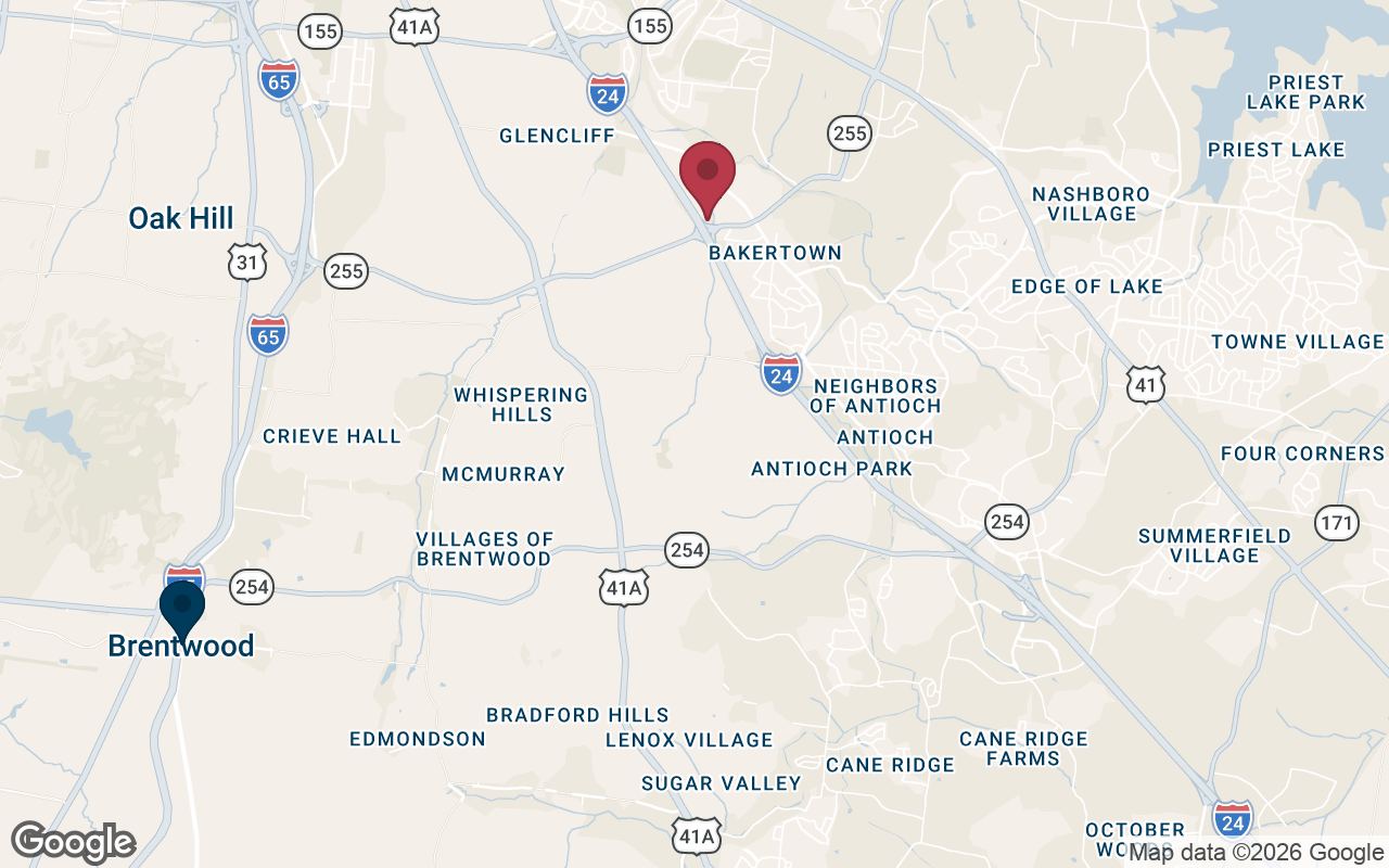 Map showing the American Window Film Nashville office serving Brentwood, TN