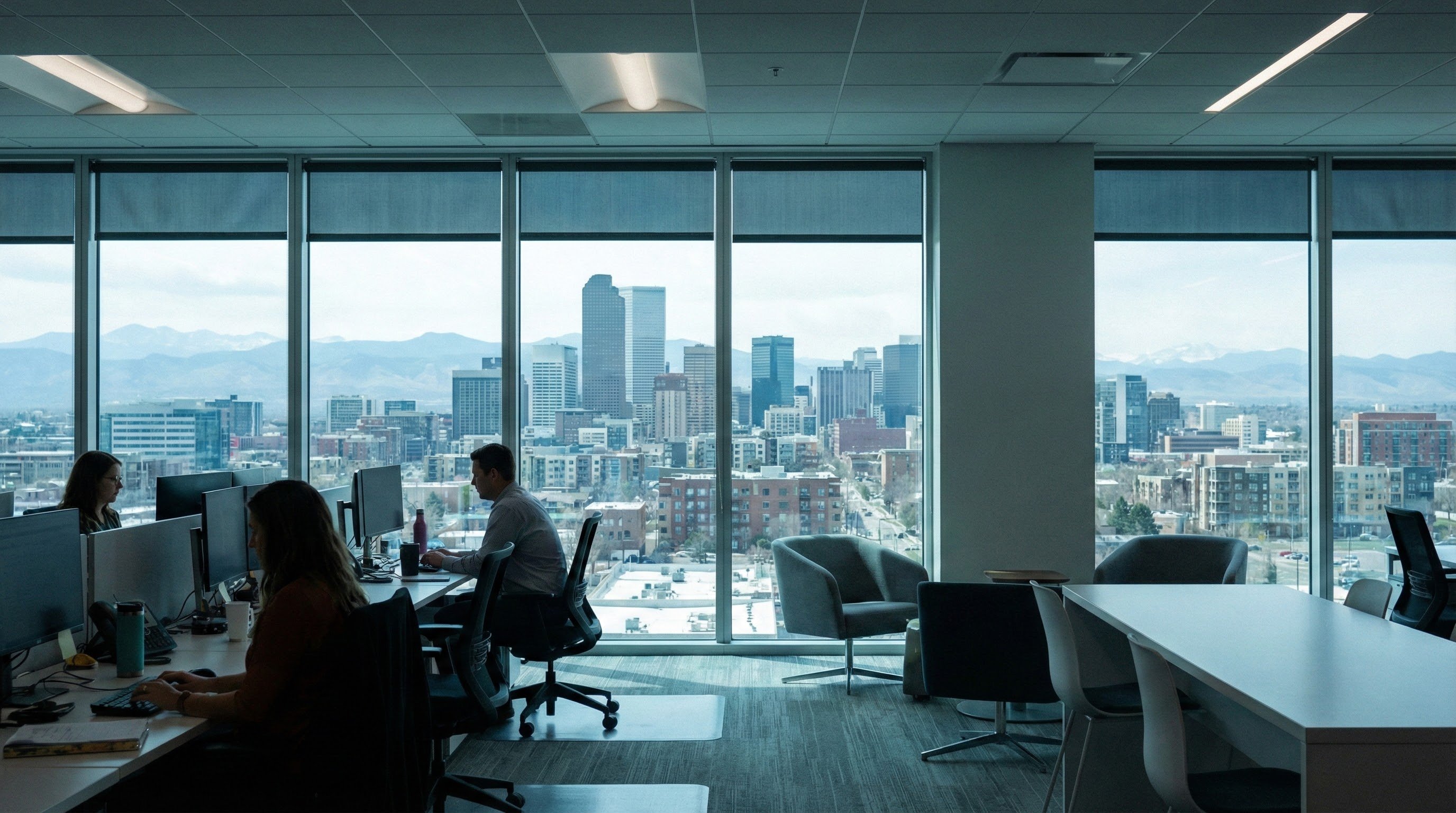 Modern Denver office building with large glass windows showing sunlight reduction through professional commercial window tinting.