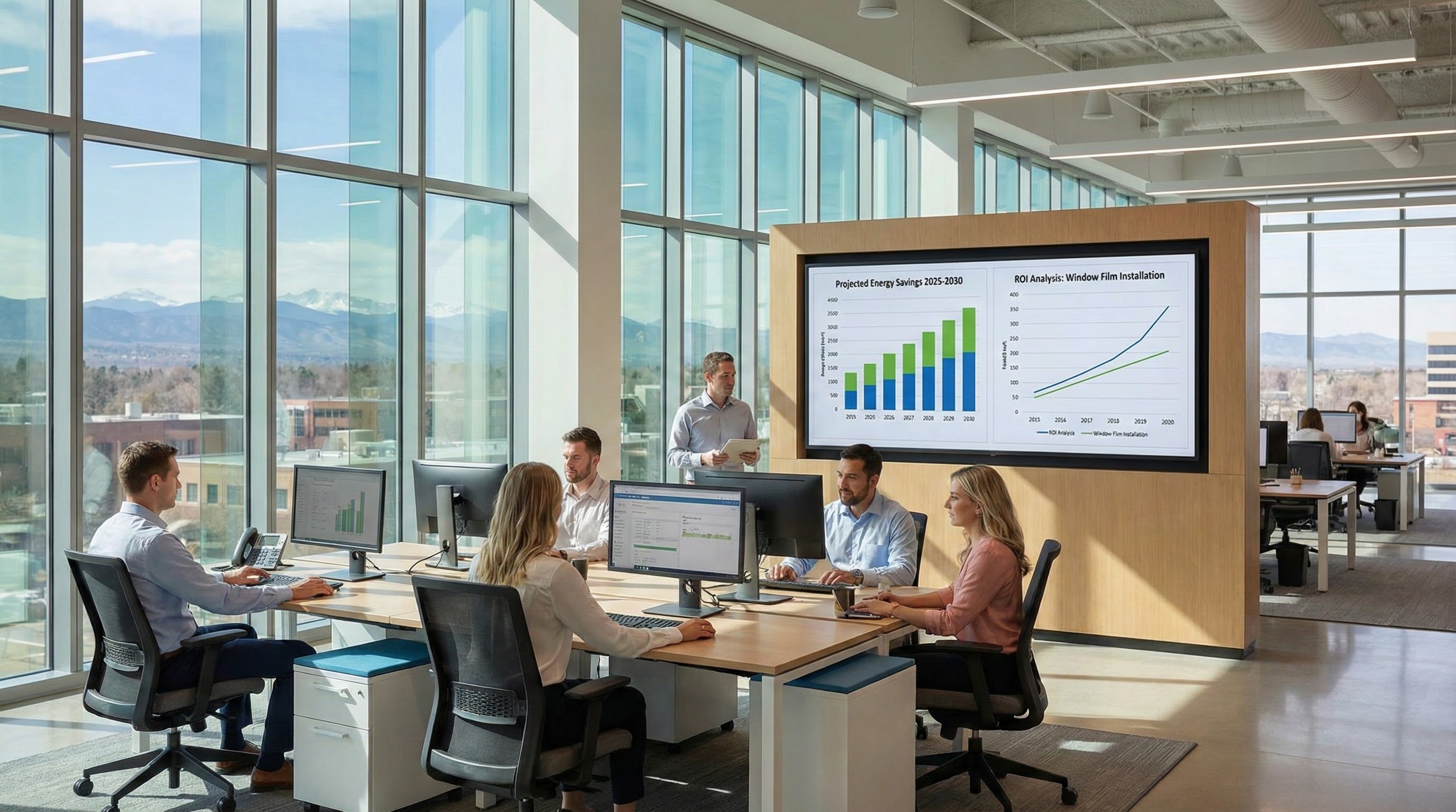 Denver commercial building interior with visible cost savings chart, ROI graph, and energy-efficient window film on large glass windows.