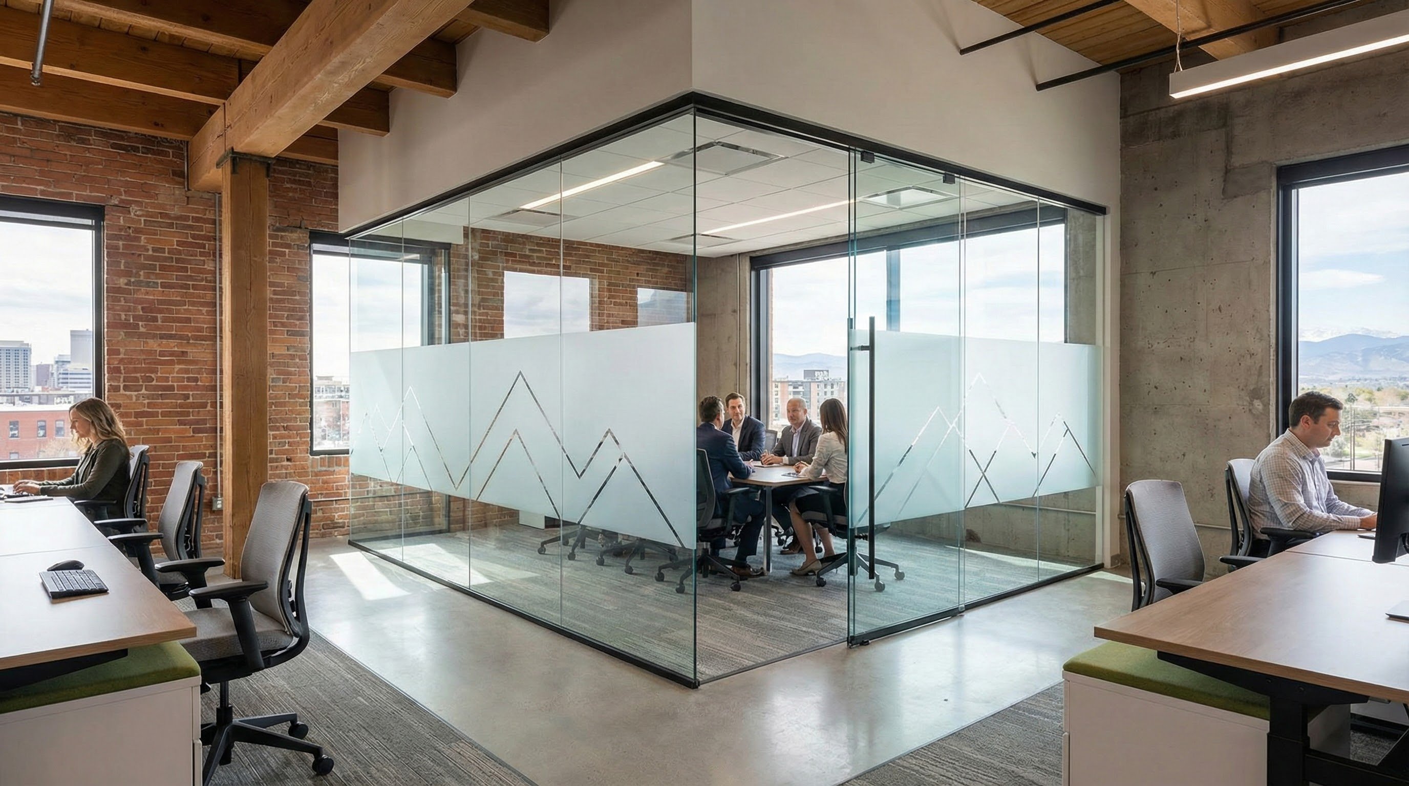 Denver office interior with frosted and decorative glass film on conference room walls. Soft natural light and stylish patterns