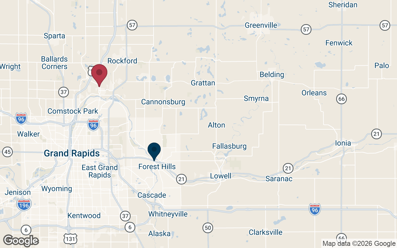 Map showing the American Window Film Belmont office serving Forest Hills, MI