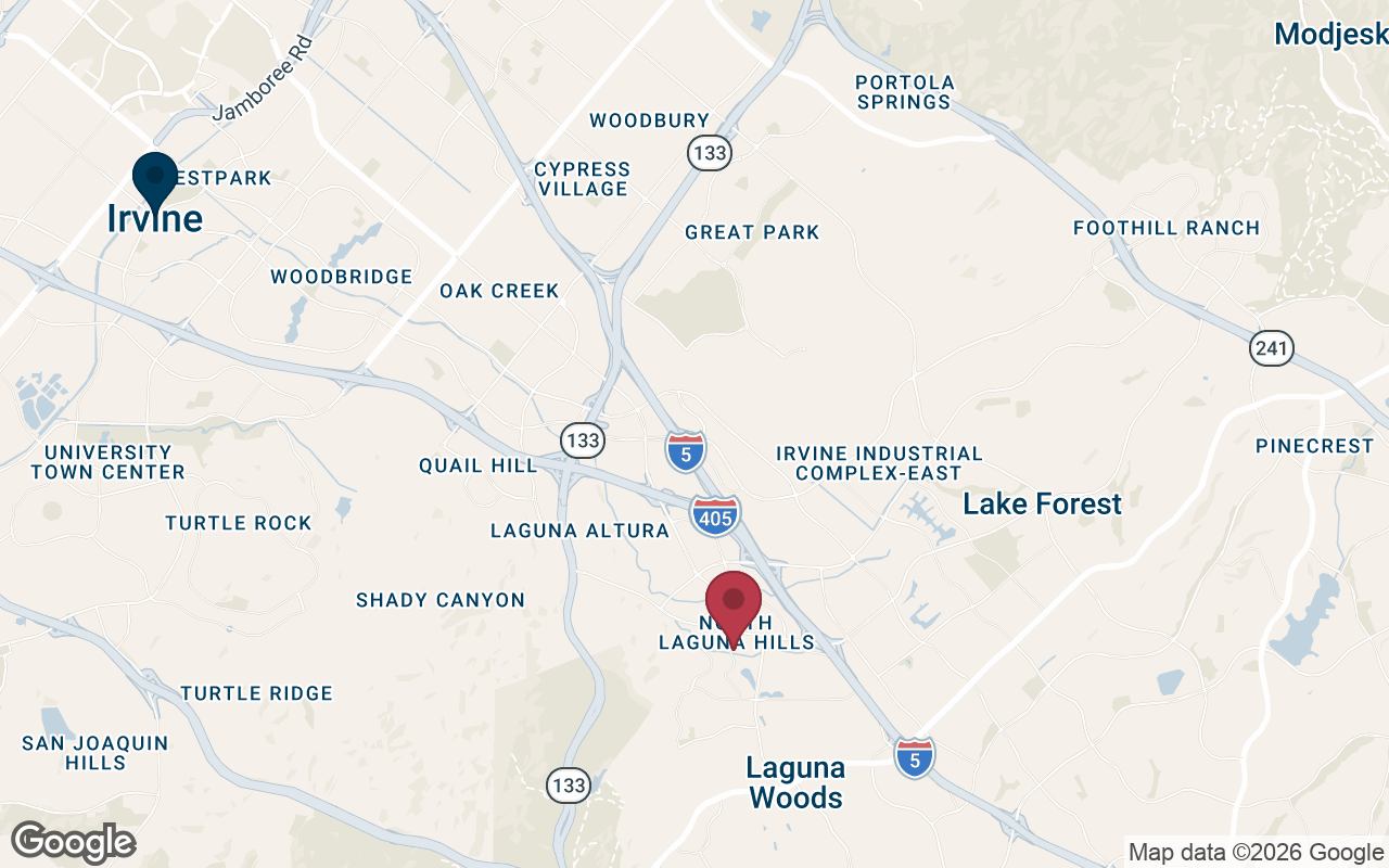 Map showing the American Window Film Laguna Hills office serving Irvine, CA