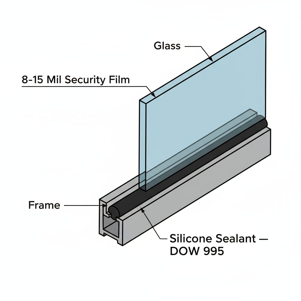 Cross-section diagram of 3M security window film silicone attachment system showing 8-15 mil security film laminated to tinted glass bonded to aluminum frame via DOW 995 silicone sealant