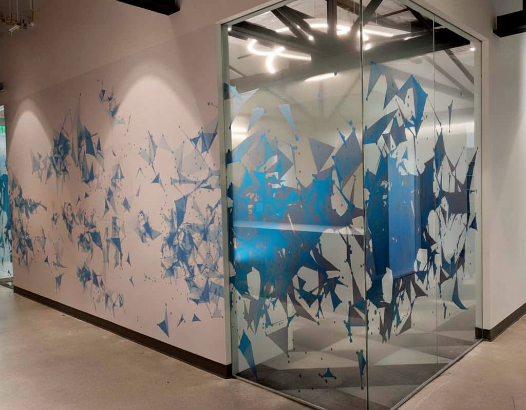 Corporate office glass wall and interior wall mural with custom blue geometric crystal pattern by American Window Film