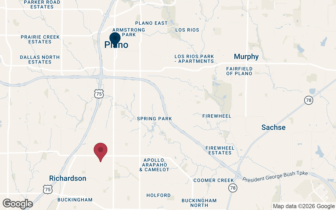 Map showing the American Window Film Richardson office serving Plano, TX