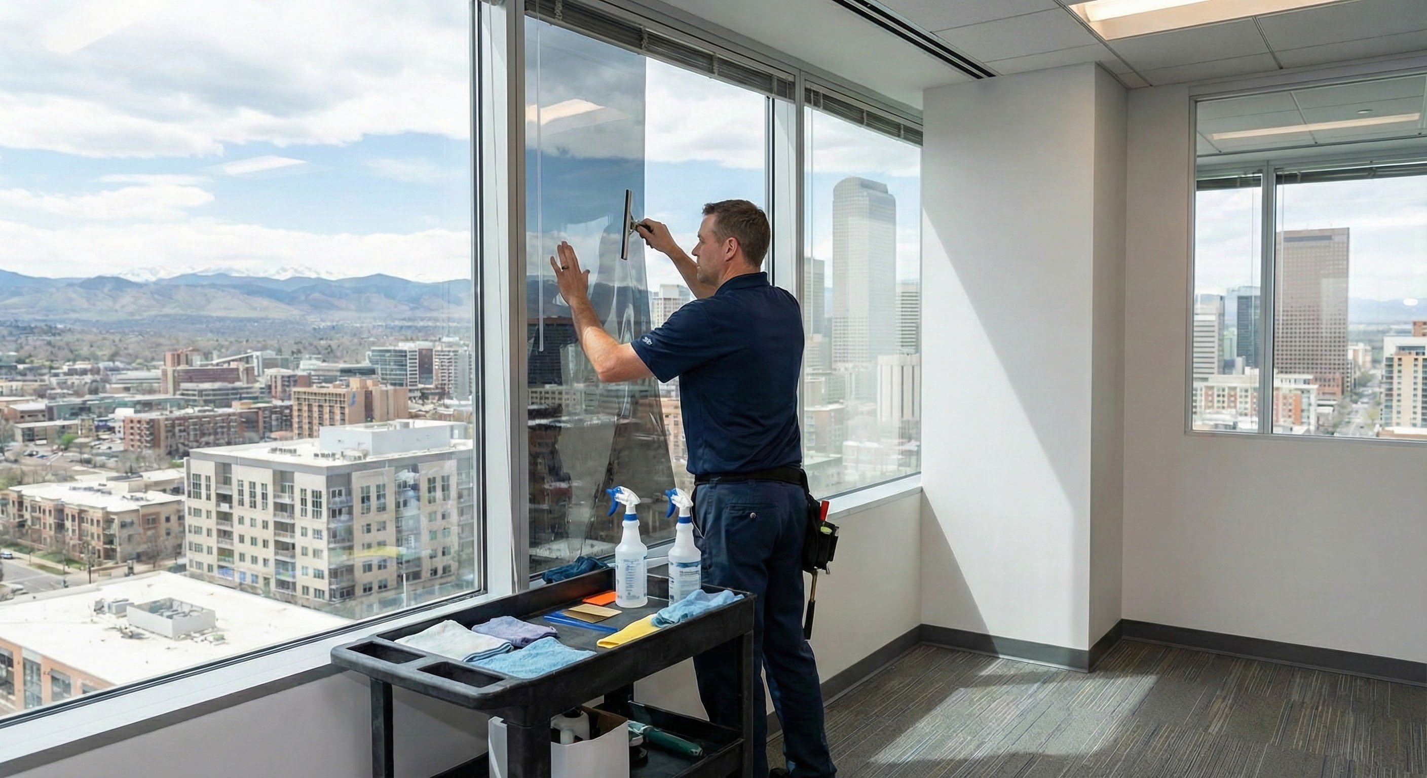 Professional window film installer applying tint to large office window in Denver high-rise
