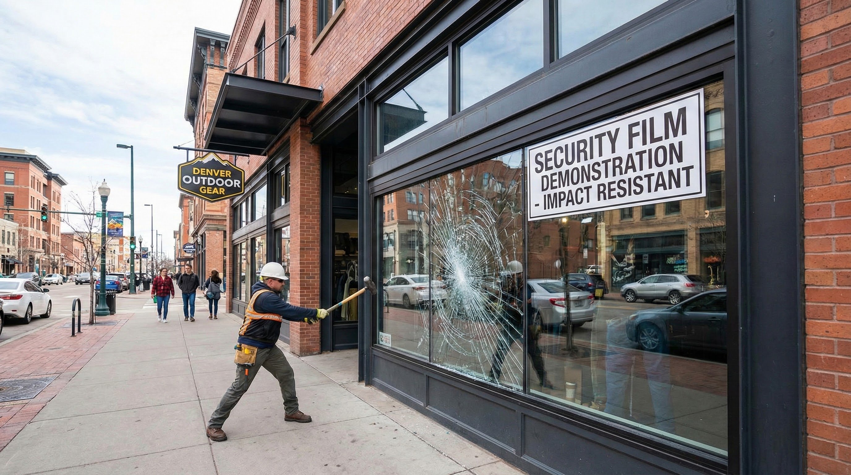 Commercial storefront in Denver with clear security window film preventing glass shatter during impact demonstration