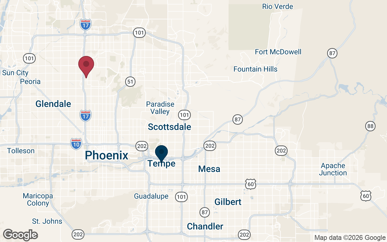 Map showing the American Window Film Phoenix office serving Tempe, AZ