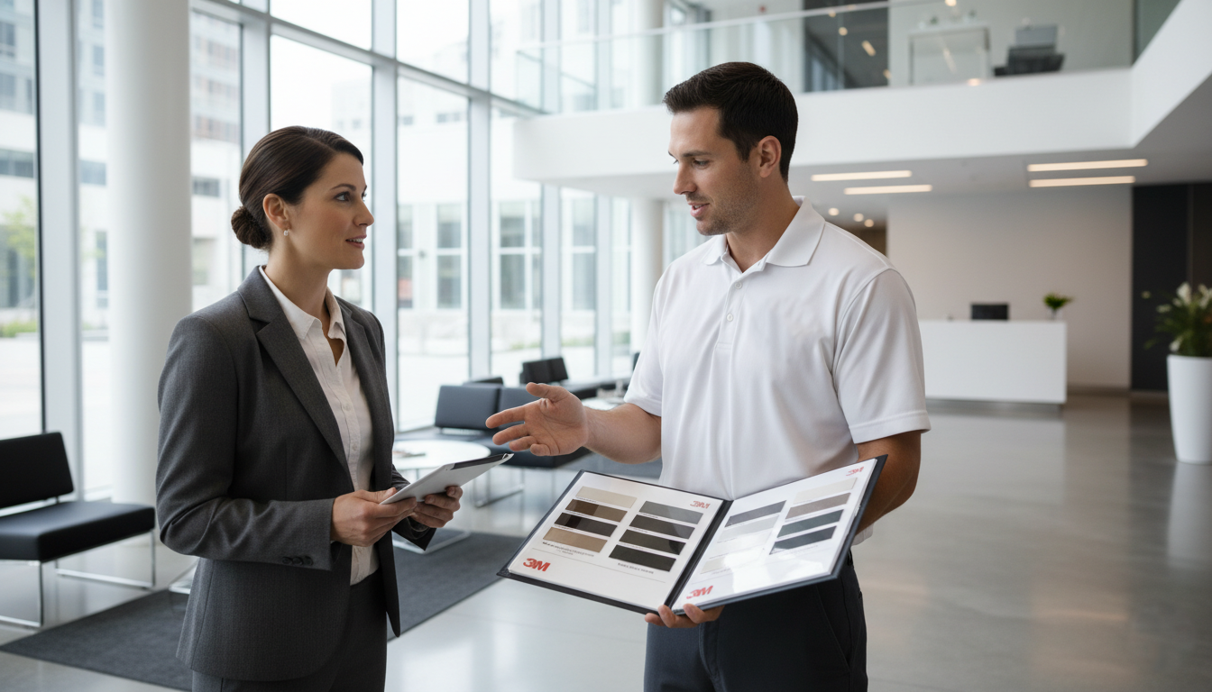 American Window Film certified installer consulting with client about 3M Safety and Security Window Film options.