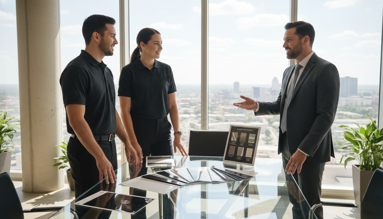 American Window Film Dallas team providing expert commercial window tinting consultation and installation