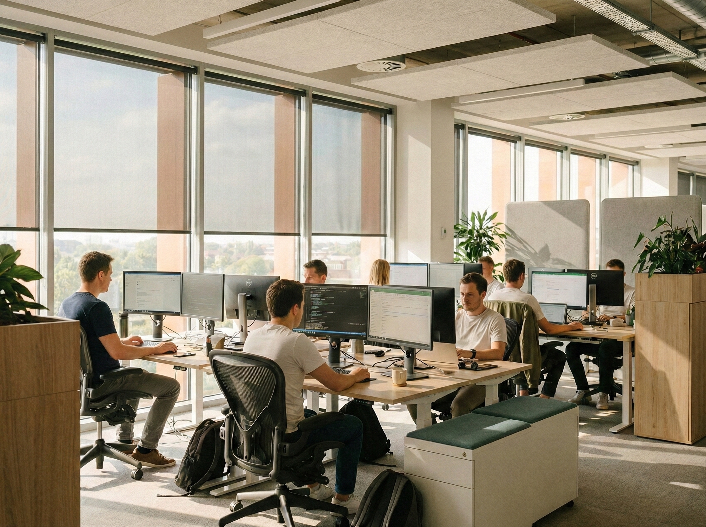 Office with anti-glare window films improving employee comfort and productivity by reducing screen reflections