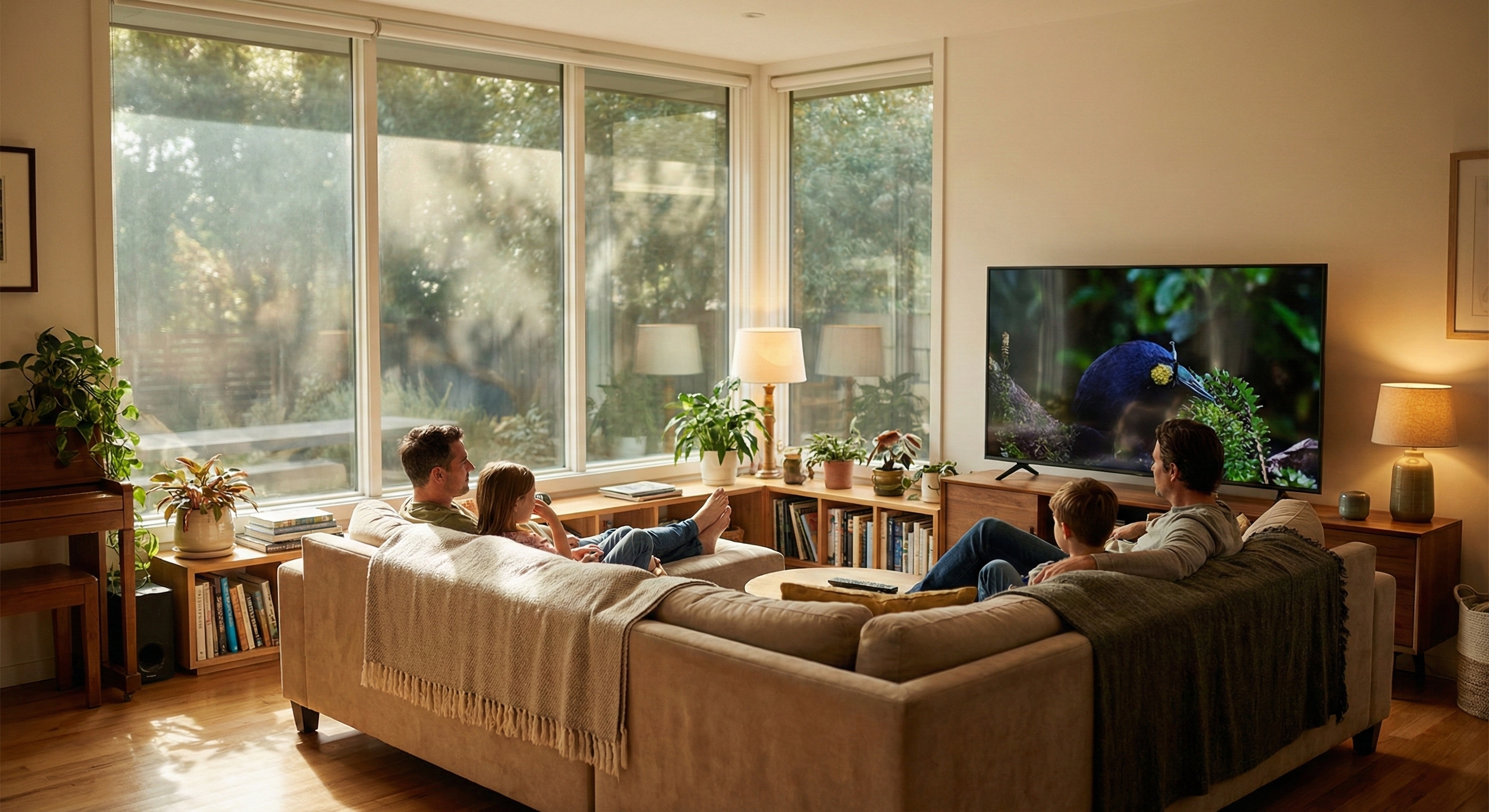 Living room with anti-glare window film reducing sunlight reflections on TV and windows