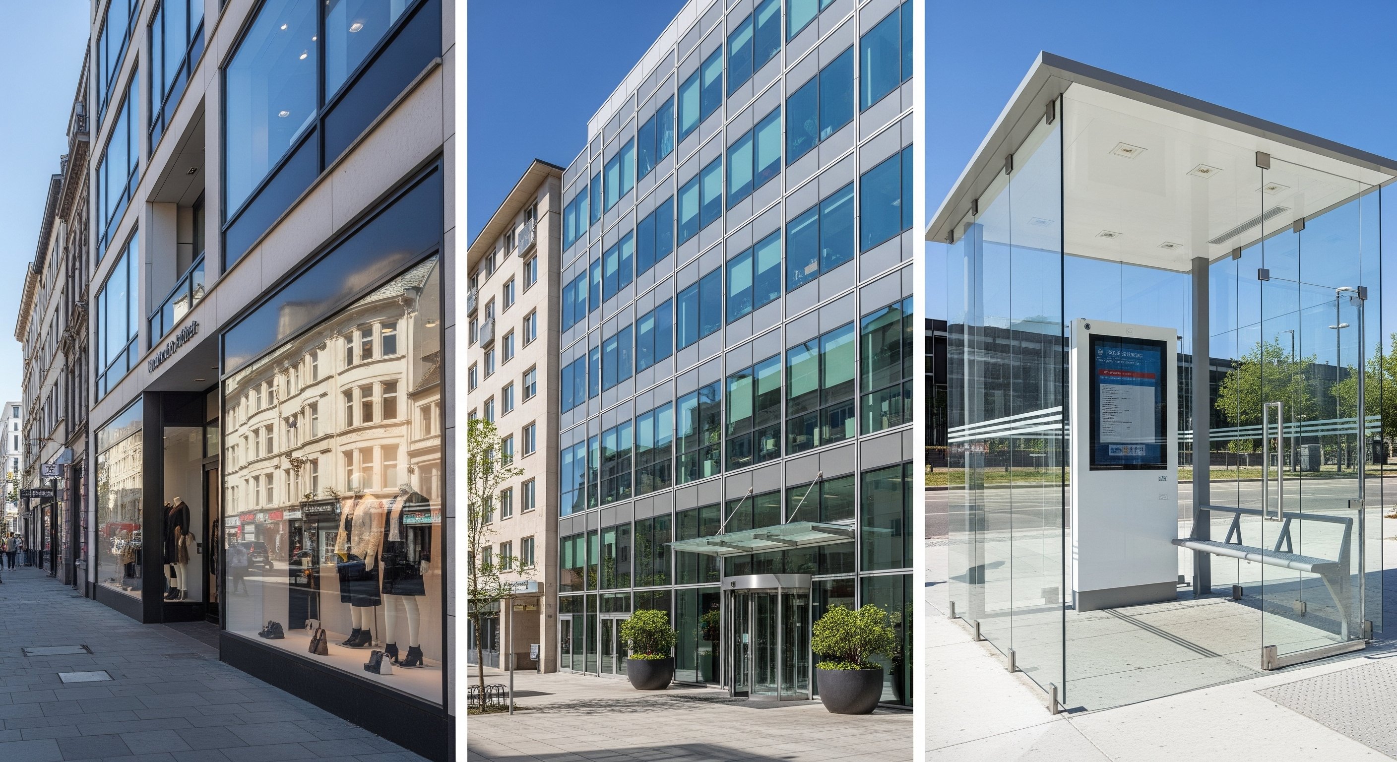 Clean glass windows on storefront, office, and transit shelter protected by anti-graffiti film