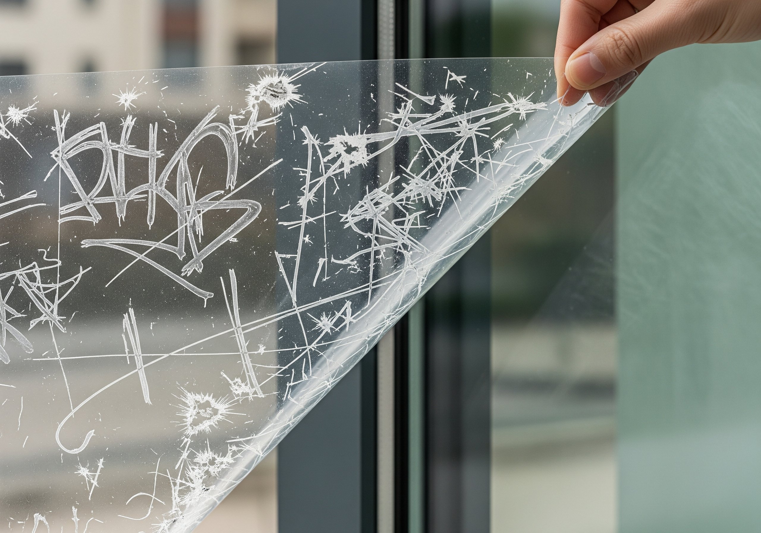 Scratched anti-graffiti film being removed from commercial window