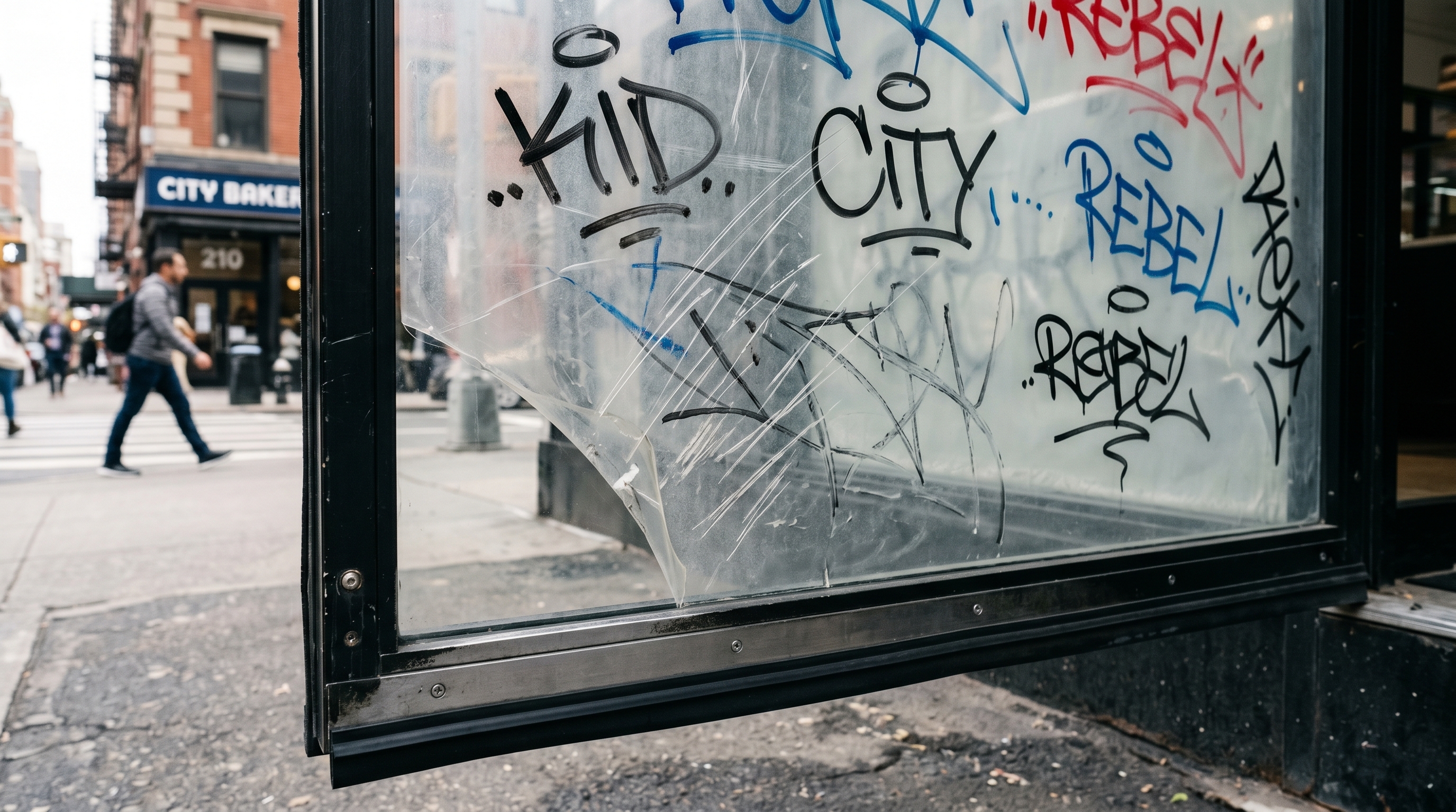 Anti-graffiti film protecting commercial storefront glass from scratches and vandalism