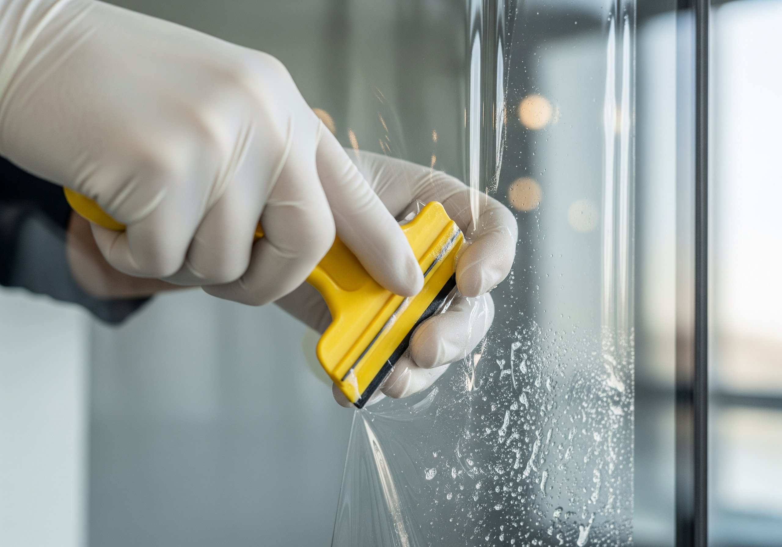 Technician applying commercial security film to glass window using installation tools