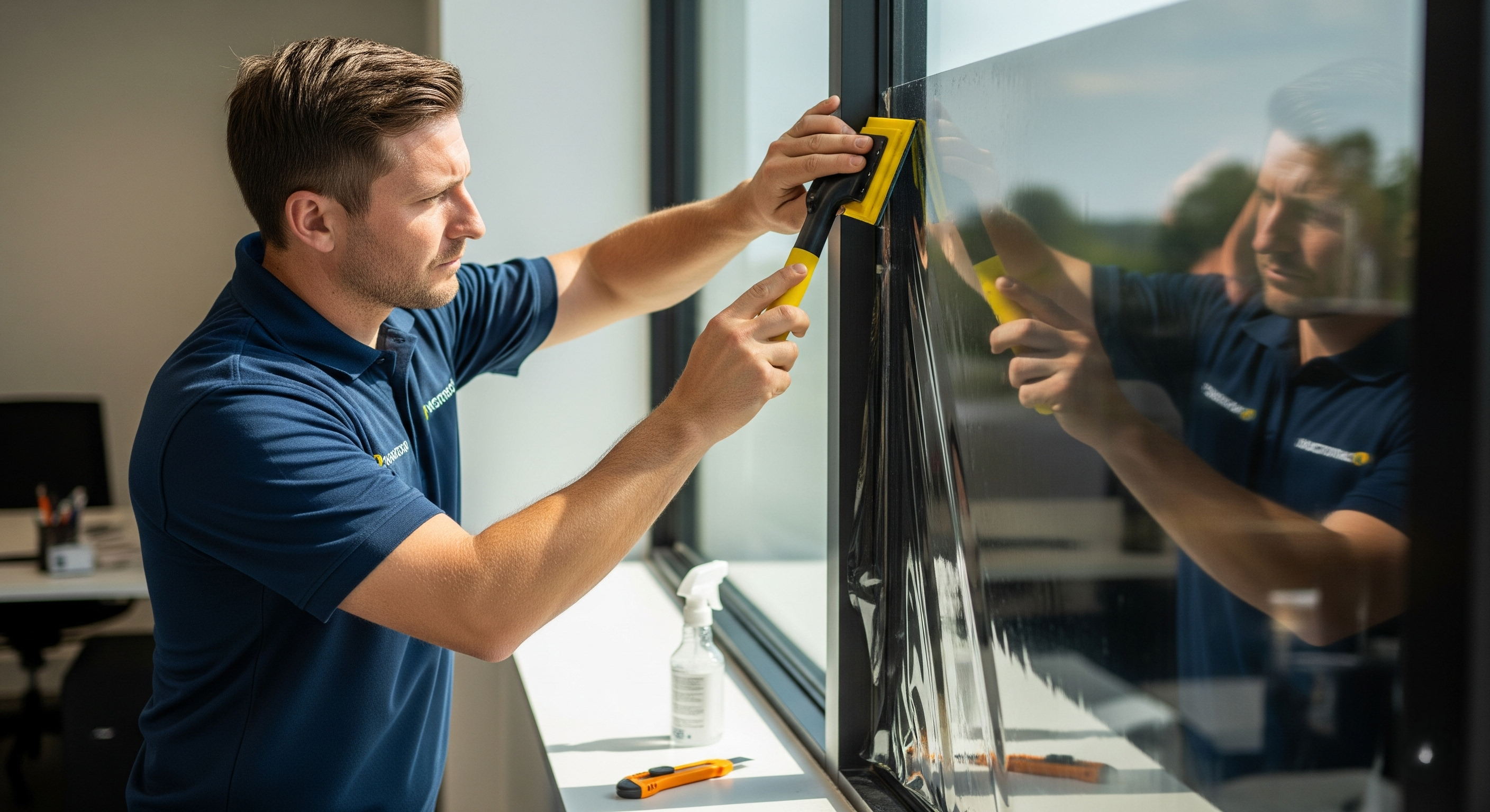 Professional installer applying commercial window tinting film on Atlanta office windows with precision tools for long-lasting results