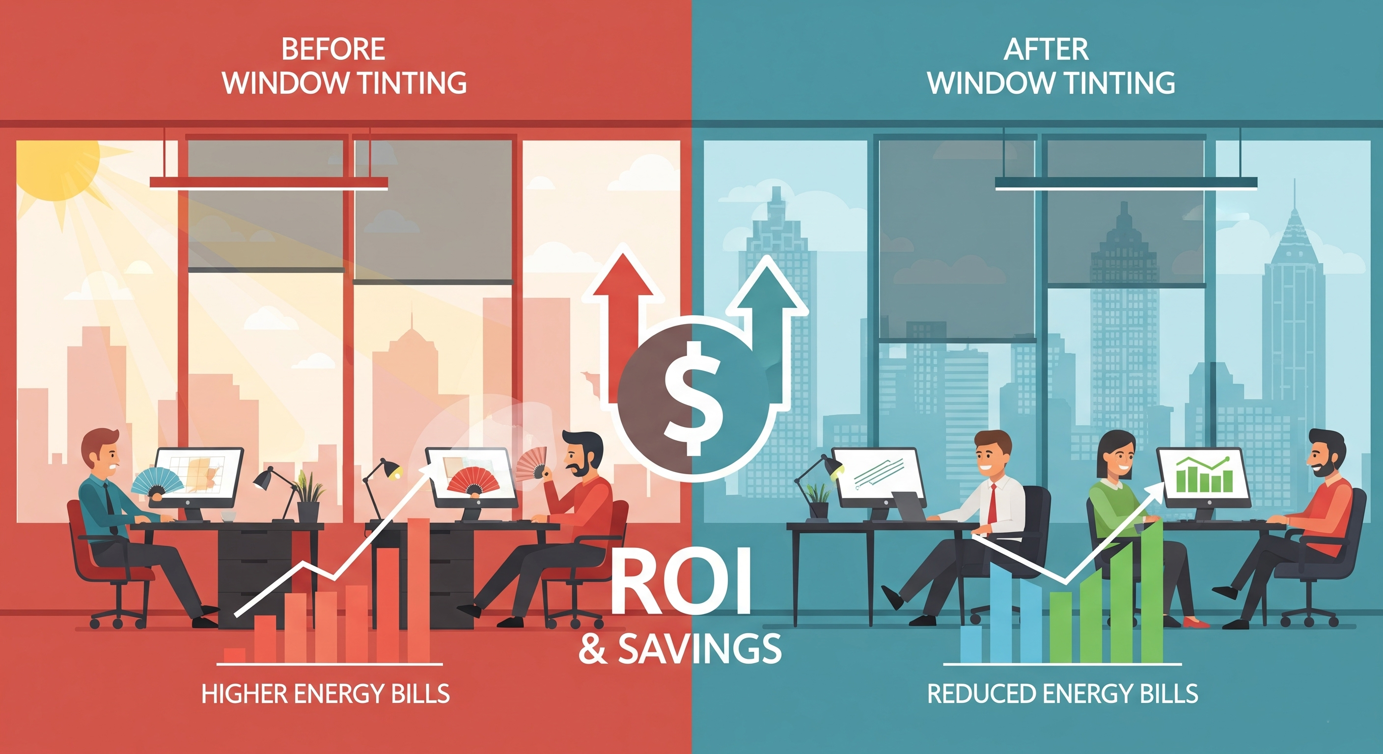 ROI and cost savings from Atlanta commercial window tinting showing reduced energy bills and improved office comfort.