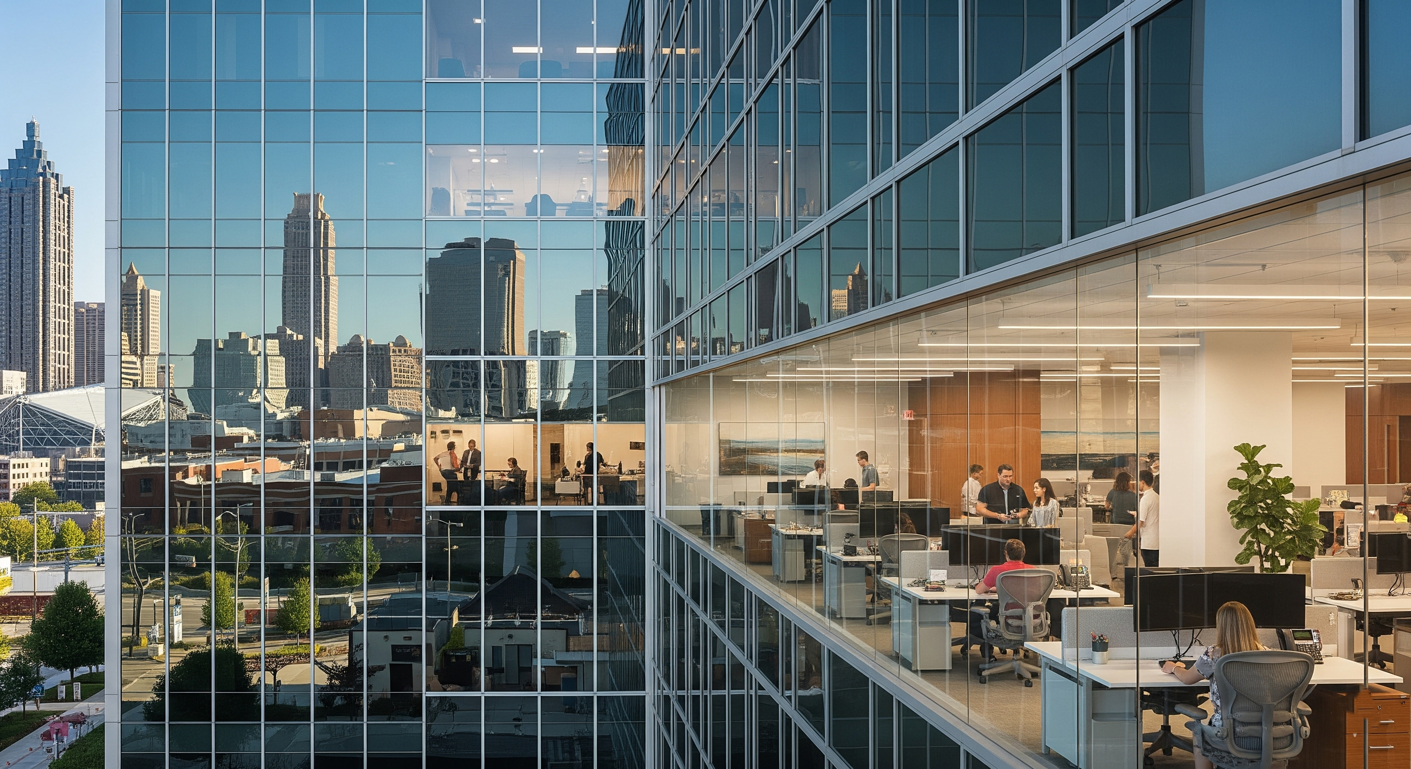 Atlanta commercial office building with tinted windows showing energy-efficient window film installation for comfort and UV protection