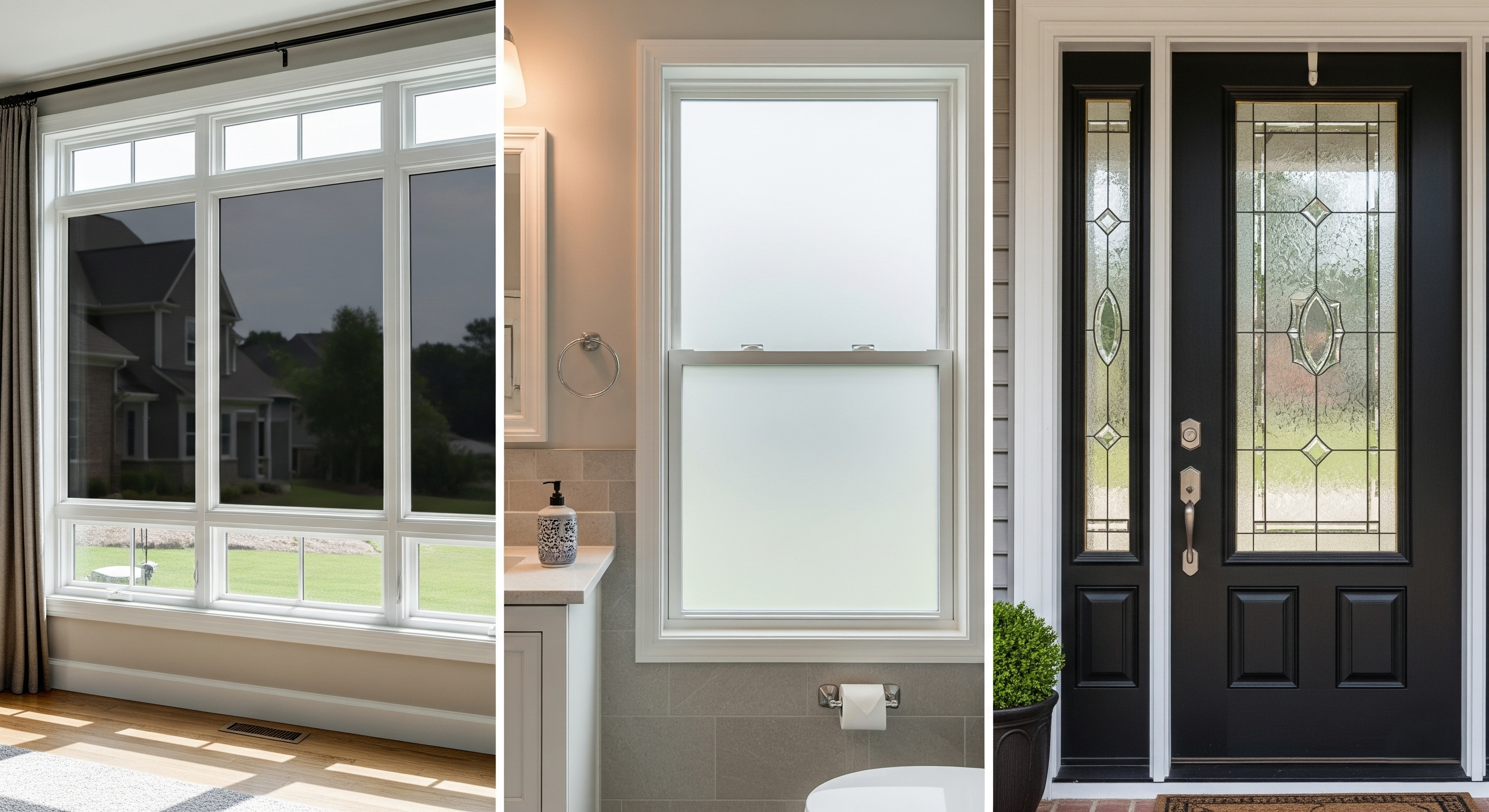 Types of residential window film in Atlanta including solar, privacy, and decorative options