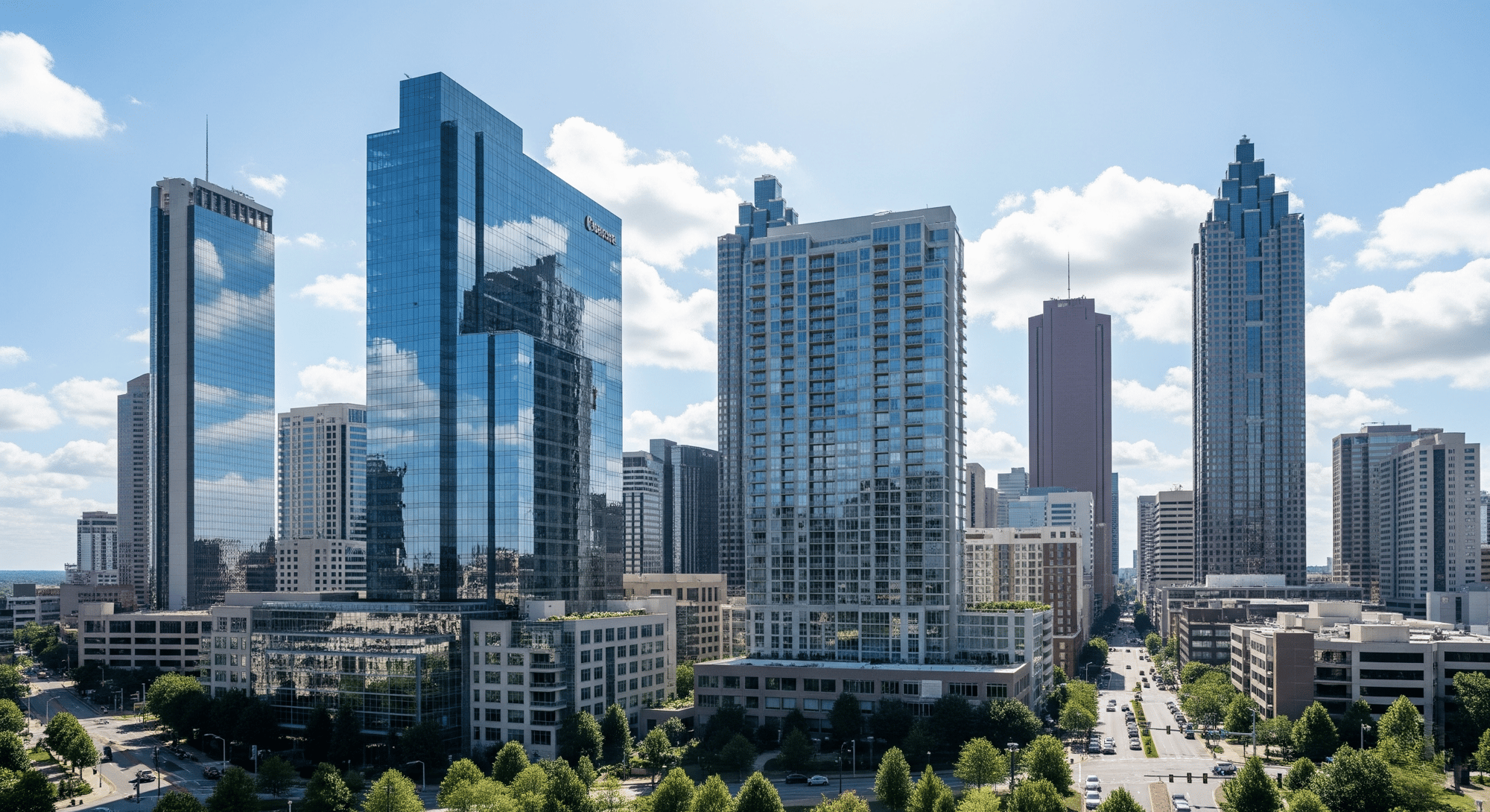 Modern Atlanta skyline with buildings featuring safety and security window film.