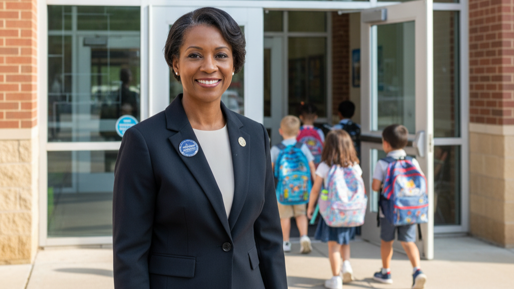 Atlanta school principal in front of building with reinforced safety film windows